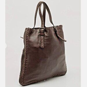 BOTTEGA VENETA Brown Deer Skin Large Bag, Woven Trim, Expandable Intrecciato